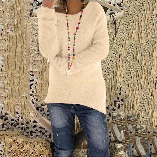 Women's Fashion Autumn and Winter Long Sleeve Knitted Sweaters Solid Color Warm Pullover Tops