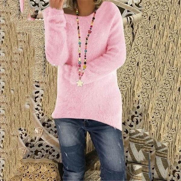 Women's Fashion Autumn and Winter Long Sleeve Knitted Sweaters Solid Color Warm Pullover Tops