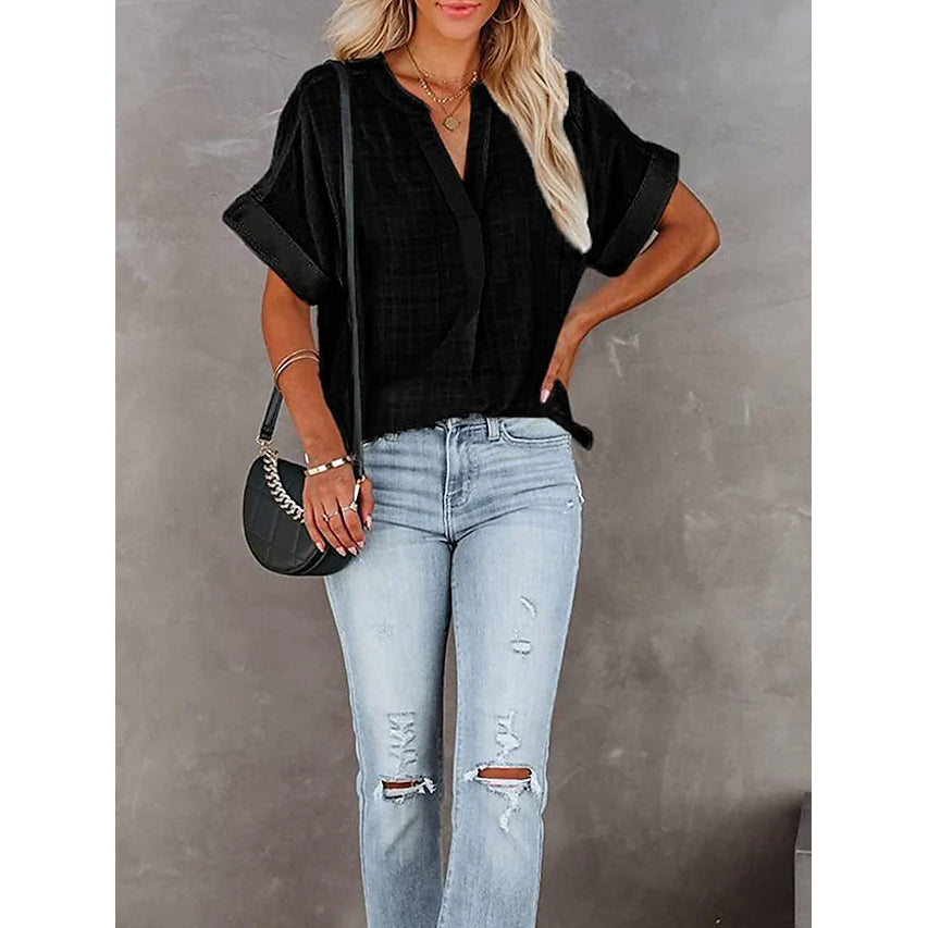 Women's V-Neck Loose Shirt Short Sleeve Top