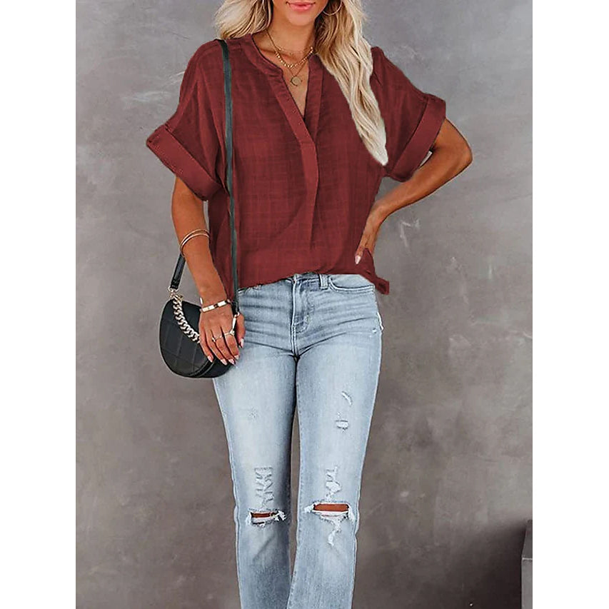 Women's V-Neck Loose Shirt Short Sleeve Top